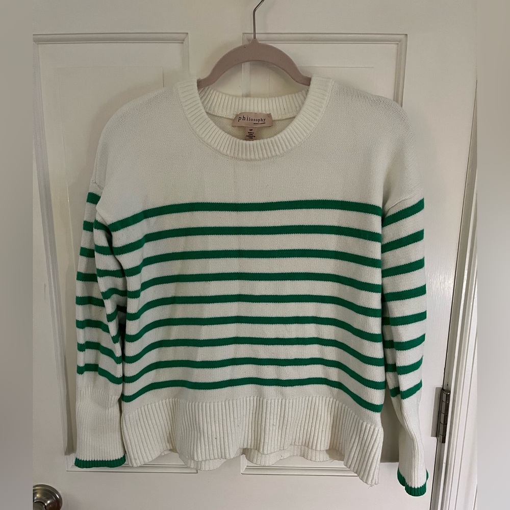 Philosophy Green and White Striped Crew Neck Sweater Size Sm